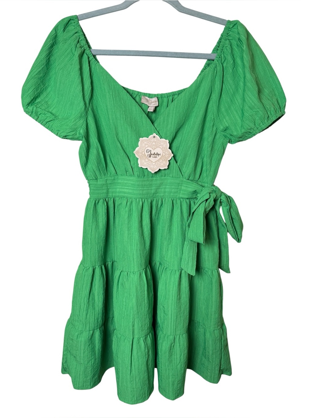 NWT Indulge Small Bright Green Puff-Sleeve Tiered Dress with Waist Tie